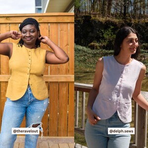 May include: Two sleeveless vests in the image. One is mustard yellow with a button-up front and pockets, paired with blue jeans. The other is a light purple vest with a button-up front and pockets, also paired with blue jeans. The vests are handmade.