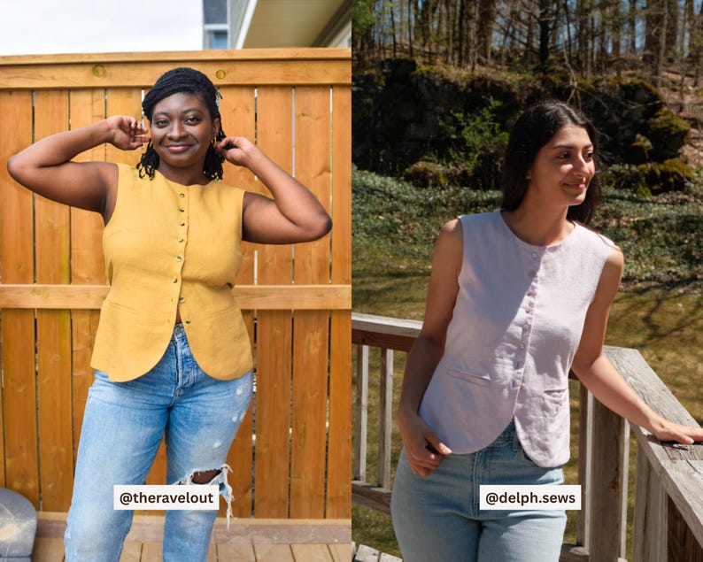 May include: Two sleeveless vests in the image. One is mustard yellow with a button-up front and pockets, paired with blue jeans. The other is a light purple vest with a button-up front and pockets, also paired with blue jeans. The vests are handmade.