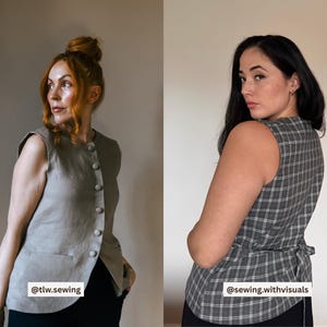 May include: Two sleeveless vests. One is a solid light gray with buttons and a pocket. The other is a gray and white plaid pattern with a tie in the back. The text "@tlw.sewing" and "@sewing.withvisuals" are visible.