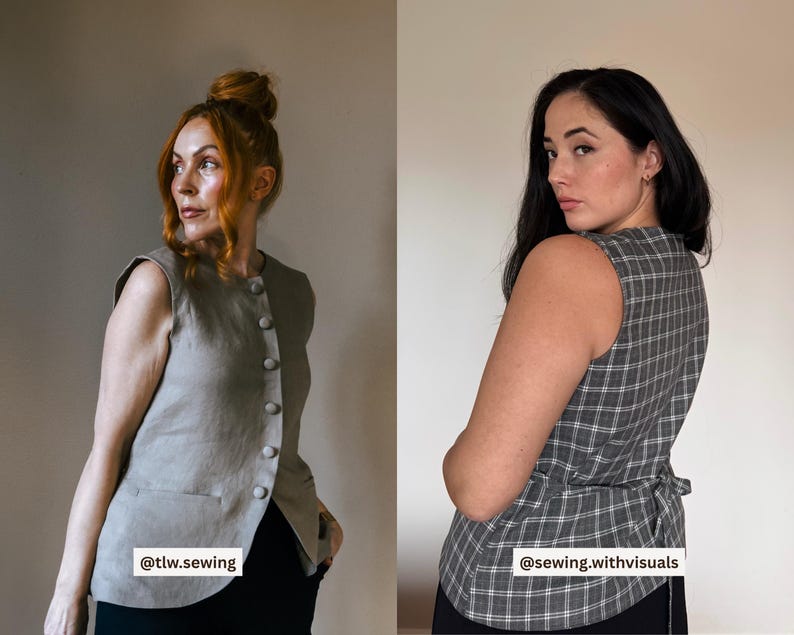 May include: Two sleeveless vests. One is a solid light gray with buttons and a pocket. The other is a gray and white plaid pattern with a tie in the back. The text "@tlw.sewing" and "@sewing.withvisuals" are visible.