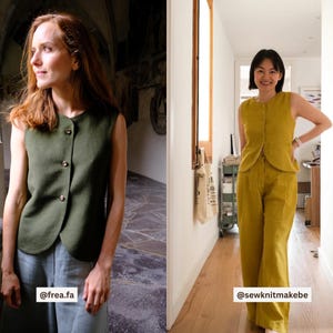 May include: Two sleeveless tops and pants sets. One set is olive green, the other is mustard yellow. Both tops have a button-up front. The olive green set is paired with light blue pants. The mustard yellow set is paired with matching pants. The Instagram handles @frea.fa and @sewknitmakebe are visible.