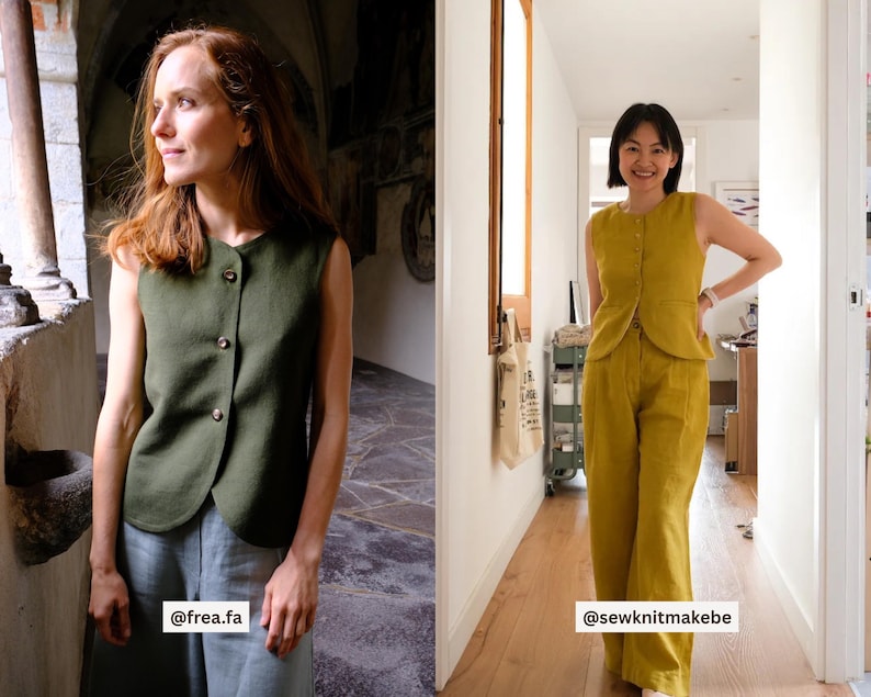 May include: Two sleeveless tops and pants sets. One set is olive green, the other is mustard yellow. Both tops have a button-up front. The olive green set is paired with light blue pants. The mustard yellow set is paired with matching pants. The Instagram handles @frea.fa and @sewknitmakebe are visible.