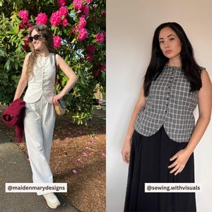 May include: Two women modeling sleeveless tops and pants. One wears a white vest and pants, the other a gray plaid vest and black skirt. The background includes a flowering bush and a neutral wall. The text "@maidenmarydesigns" and "@sewing.withvisuals" are visible.