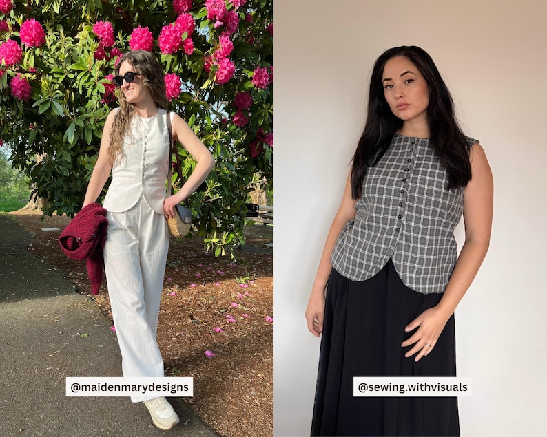 May include: Two women modeling sleeveless tops and pants. One wears a white vest and pants, the other a gray plaid vest and black skirt. The background includes a flowering bush and a neutral wall. The text "@maidenmarydesigns" and "@sewing.withvisuals" are visible.