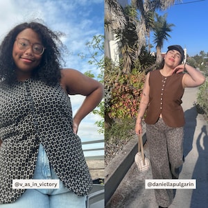 May include: Two people wearing sleeveless tops. One top is black and white patterned, button-down, and paired with blue jeans. The other is brown, button-down, and worn with leopard-print pants. The image includes the Instagram handles @v_as_in_victory and @daniellapulgarin.