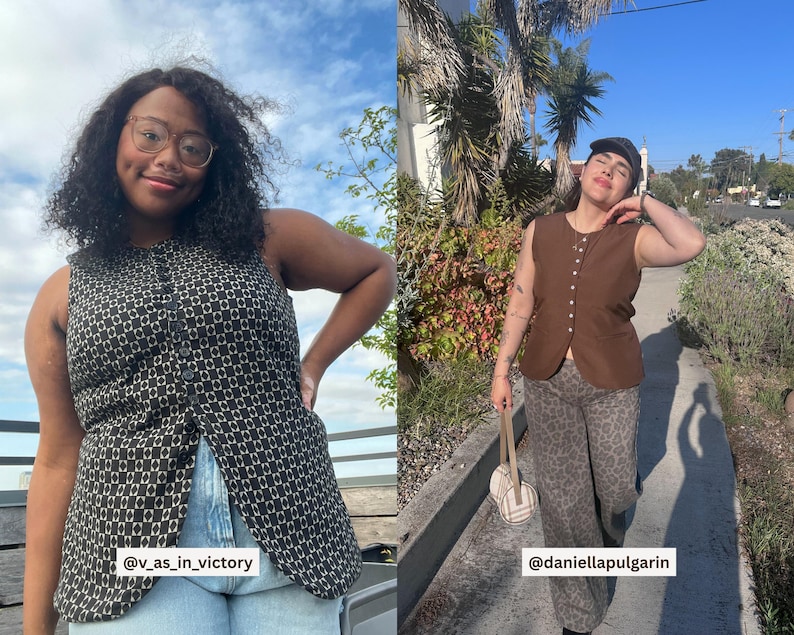 May include: Two people wearing sleeveless tops. One top is black and white patterned, button-down, and paired with blue jeans. The other is brown, button-down, and worn with leopard-print pants. The image includes the Instagram handles @v_as_in_victory and @daniellapulgarin.