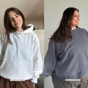 Puede incluir: Dos personas con sudaderas informales. Una persona lleva una sudadera con capucha blanca con un bolsillo delantero. La otra persona lleva una sudadera gris de cuello redondo. La imagen incluye el texto "@sewingseason" y "@themitchstitch".