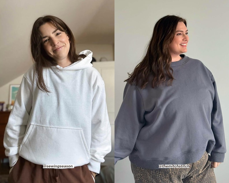 Puede incluir: Dos personas con sudaderas informales. Una persona lleva una sudadera con capucha blanca con un bolsillo delantero. La otra persona lleva una sudadera gris de cuello redondo. La imagen incluye el texto "@sewingseason" y "@themitchstitch".