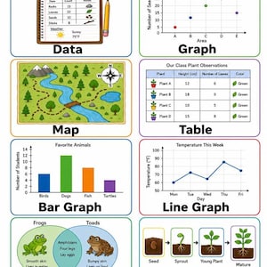 May include: An educational poster titled Organizing Data with Graphs and Maps (TEKS 3.1F) featuring eight sections: Data, Graph, Map, Table, Bar Graph, Line Graph, Venn Diagram, and Flow Chart, each displaying specific charts, diagrams, and illustrations.