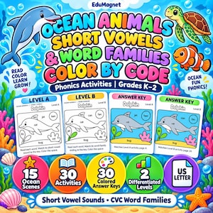 以下が含まれることがあります： グレードK-2向けの「Ocean Animals Short Vowels & Word Families Color By Code」と題された教育用フォニックスアクティビティセット。15の海洋シーン、30のアクティビティ、30のカラー解答キー、2つの差別化されたレベルがUSレターサイズで含まれています。
