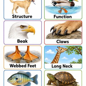 May include: An educational chart titled Animal Structures and Functions featuring illustrations of a dog, duck, eagle head, animal claws, webbed feet, a giraffe, a fish, and a turtle, labeled with terms including Structure, Function, Beak, Claws, Webbed Feet, Long Neck, Fins, and Shell.