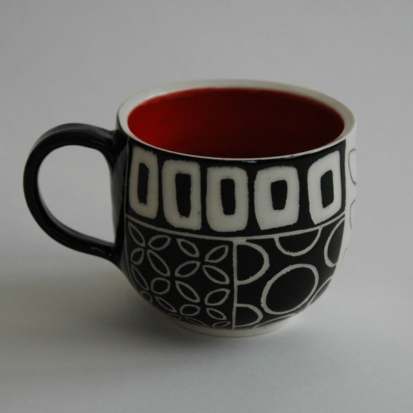 RESERVED Round Red Mug in Moxy Pattern