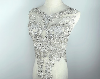 White Rhinestone bodice, bead bodice applique, large wedding lace bodice, bridal applique, big size crystal applique for couture, dress