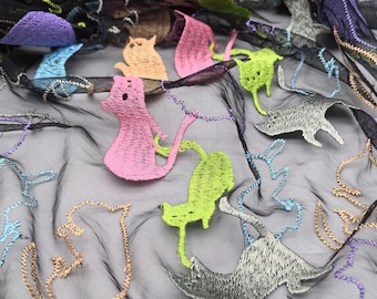 Multi-color cat embroidery lace fabric, black tulle embroidery fabric, cat design, animal embroidery design fabric, children&#39;s fabric