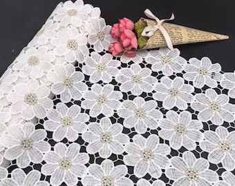 White daisy guipure lace with Lurex,  floral Venice lace fabric, hollowed flower embroideried guipure fabric for dress, sewing