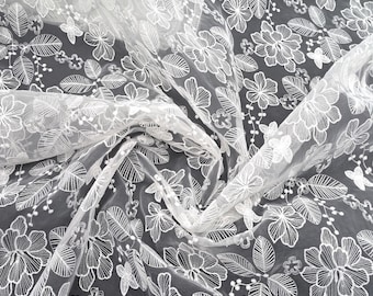 White Floral Embroidered Organza Fabric by the Yard, Sheer Wedding Dress Lace, Bridal Veil Curtain Lace