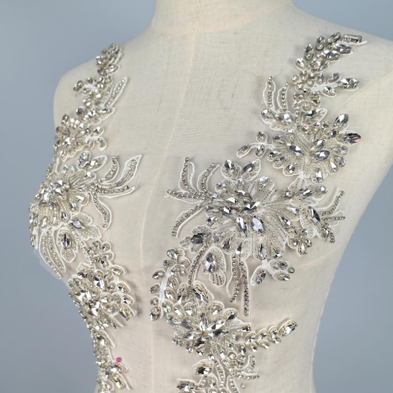 Handmade Rhinestone Applique Pair, Silver Blush Pink Bodice Patch, Beaded Lace Trim for Bridal Wedding Dress