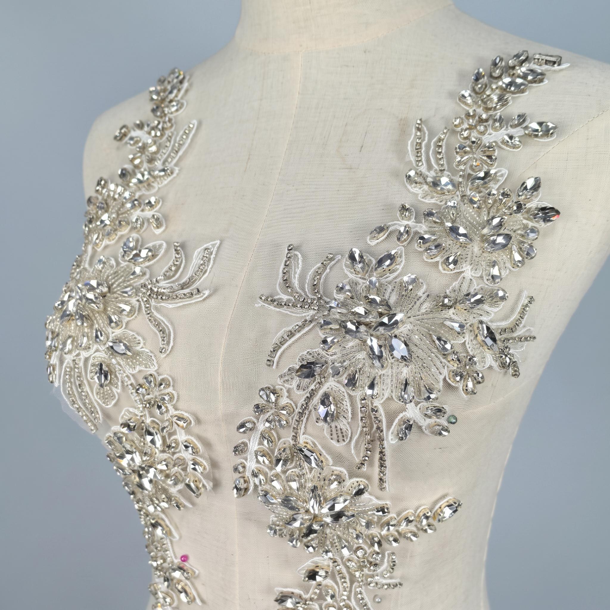 Handmade Rhinestone Applique Pair, Silver Blush Pink Bodice Patch, Beaded Lace Trim for Bridal Wedding Dress