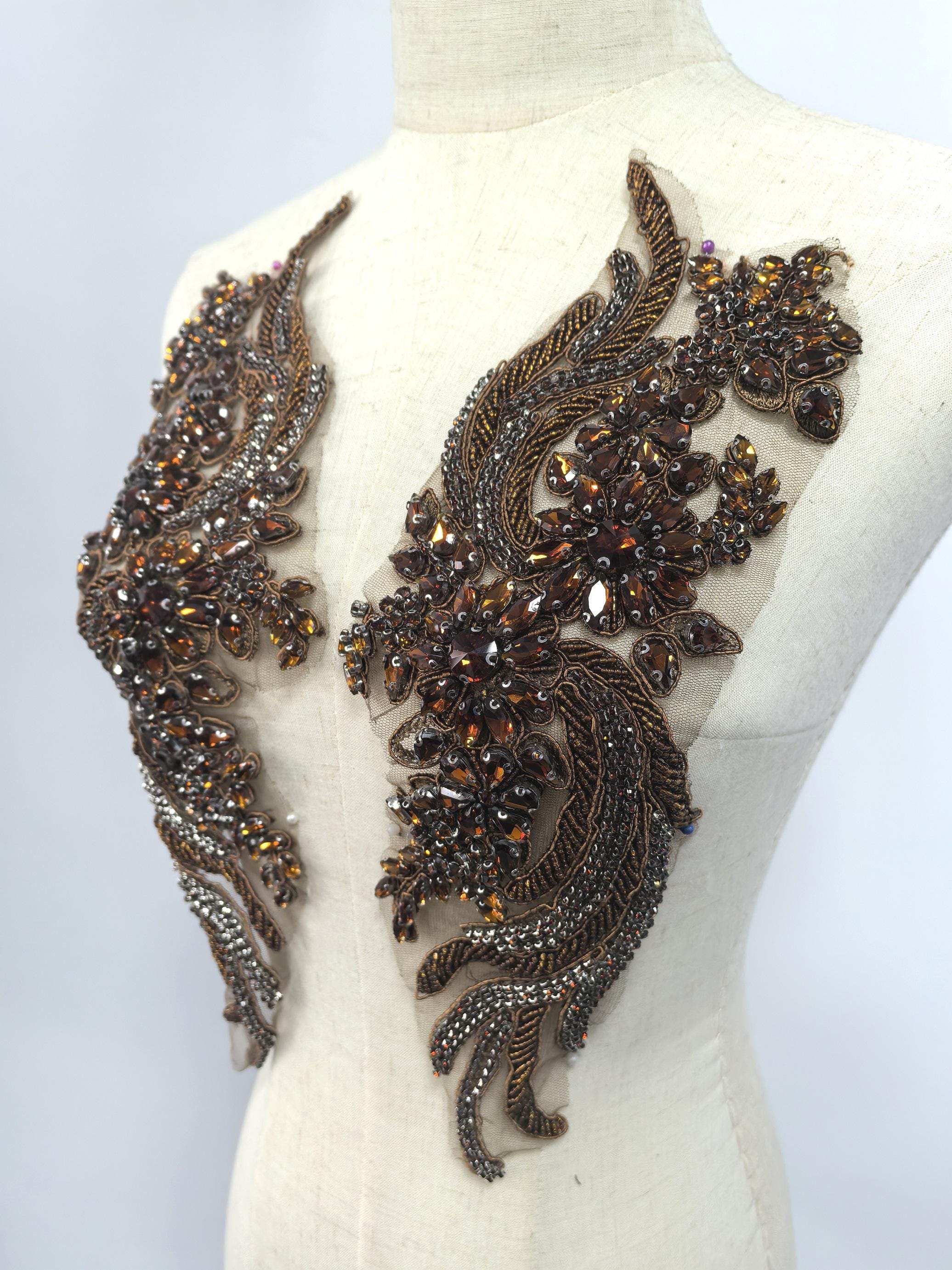Brown Rhinestone Applique Pair, Beaded Bodice Patch for Prom Dress & Costume