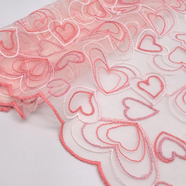 Pink Heart Embroidery Tulle Lace Trim, Lingerie Sewing, 9"