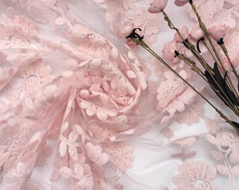 Pink Tulle Embroidery Fabric, Floral Crochet Mesh Lace