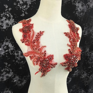 Red Rhinestone Floral Applique Pair: Beaded Crystal Lace Motif