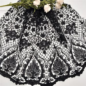 Black Geometric Lace Fabric, Guipure Lace Fabric, Black Dress Lace, Design Lace, Scalloped Edge Embroidered Lace Fabric by the yard