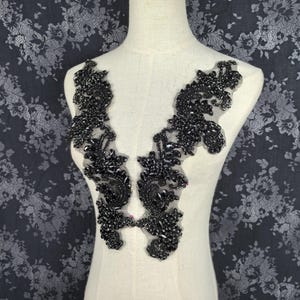 Black heavy rhinestone applique, crystal long applique pair, black bead lace applique, black shoulder straps couture bodice for dress