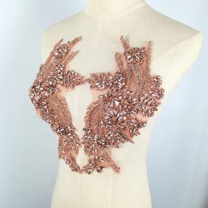 Rose gold crystal applique, rhinestone applique pair, beaded bodice patch, crystal lace applique for wedding dress, couture, evening dress