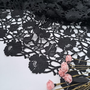 Black Flower Guipure Lace, Polyester Floral Lace, Venice lace fabric, Embroidery Fabric Lace by the Yard, Evening Dress lace, Haute couture