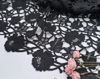 Black Flower Guipure Lace, Polyester Floral Lace, Venice lace fabric, Embroidery Fabric Lace by the Yard, Evening Dress lace, Haute couture