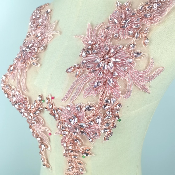 Handmade Blush Pink Rhinestone Beaded Lace Applique Pair, Floral Crystal Costume Trim (15.75" x 6")