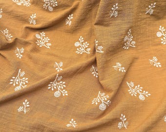 Yellow Cotton Fabric with Floral Embroidery, Cotton flower embroidery lace, daisy dress embroidered fabric