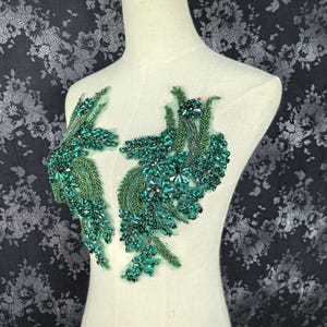 Green Rhinestone Beaded Applique Pair: Handmade Lace Patch