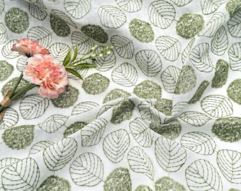 Green Leaf Embroidery Linen Fabric: Breathable Cotton Base