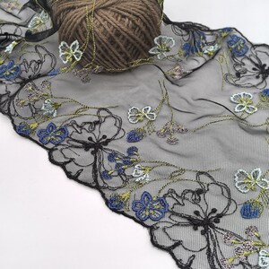 Colorful Embroidery Floral lace trim, Black tulle flower Embroidered Lace, Mesh Lace for sewing lingerie , Embroidery trim for Bra Making