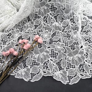 White Floral Embroidery Lace: Scalloped Edge Guipure Lace, Bridal Gown Fabric