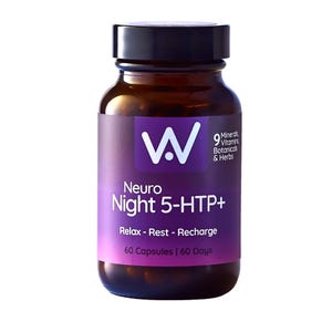 May include: A brown glass bottle with a black lid, containing capsules. The label is purple and white, with the text "Neuro Night 5-HTP+" and "Relax - Rest - Recharge". It also lists "9 Minerals, Vitamins, Botanicals & Herbs".