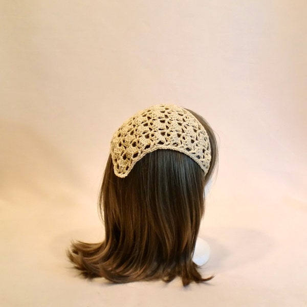 Crochet Hair Kerchief - Boho Lace Hair Tie - Beige Triangle Scarf - Rockabilly Headband Head Scarf - Cream Hippie Hair Scarf - Head Bandana