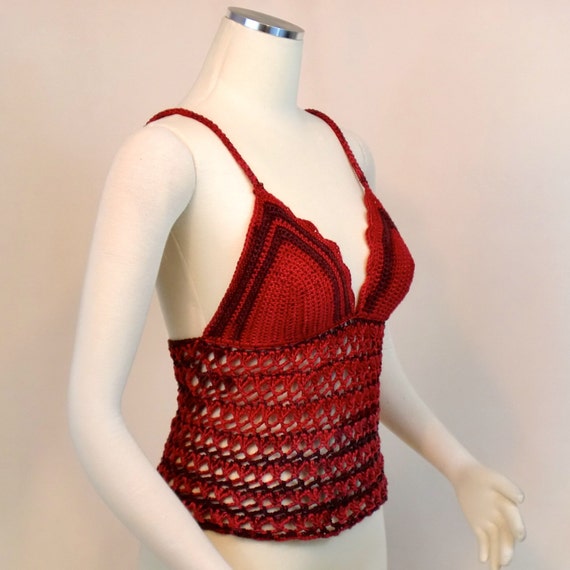Items similar to Lace Tank Top, Red Crochet Crop Top - Spaghetti Strap ...