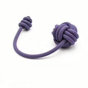 May include: A blue and orange rope dog toy with a knotted ball on one end and a loop on the other.