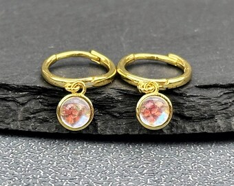 Tiny Fire Opal Charm Hoop Earrings: Gold Huggie Hoops