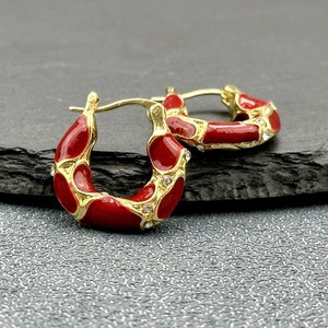 Enamel Crimson Coral Hoop Earrings: Golden Lava Red Chunky Hoops