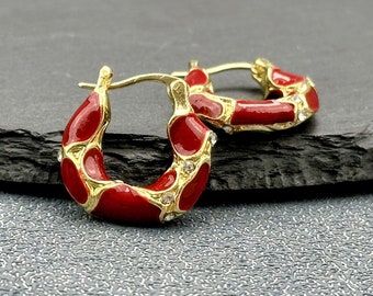 Enamel Crimson Coral Hoop Earrings: Golden Lava Red Chunky Hoops