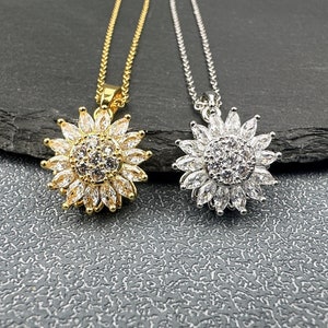 可憐なひまわりジルコンネックレス • ミニマリストシルバーフローラルネックレス • 娘のための繊細なゴールドフラワーネックレスペンダント • 落ち着いたネックレス