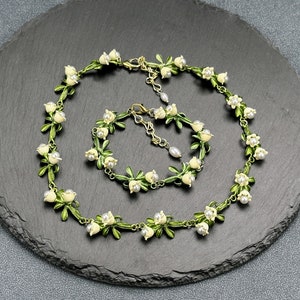 Lily of The Valley Necklace and Bracelet • Dainty Wedding White Flower Necklace • Delicate Floral Fairy Bracelet • Cottagecore Bridesmaid