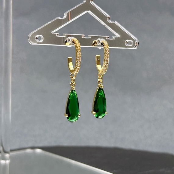 Emerald Teardrop Dangle Earrings: Gold Huggie Hoop, Minimalist Green Crystal