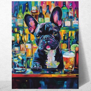 French Bulldog Bartender Art Poster: Whimsical Home Bar Decor