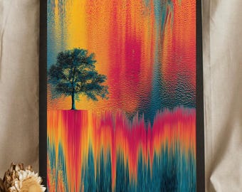 Framed Colorful Tree Poster: Abstract Glitch Art Landscape Print