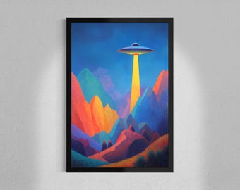 Above and Beyond - Impression encadrée OVNI colorée - Art d'enlèvement de science-fiction en montagne